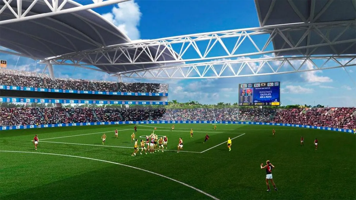 Inside, looking across a full house — an AFL ground in the middle of Darwin.