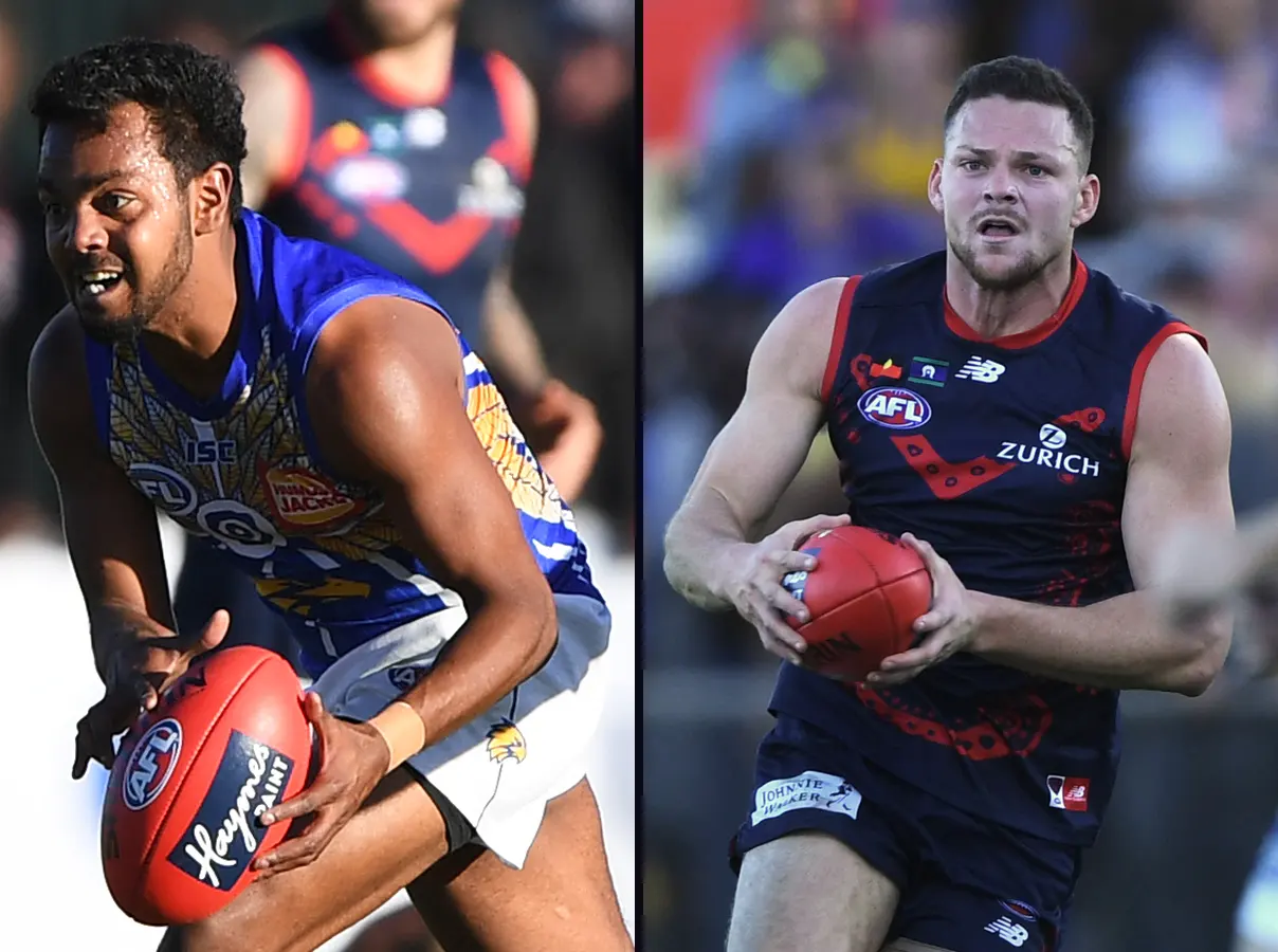 Willie Rioli (West Coast, raised on the Tiwi Islands) and Steven May (Melbourne, born in Darwin), opposite each other at Traeger Park, Alice Springs, in 2019