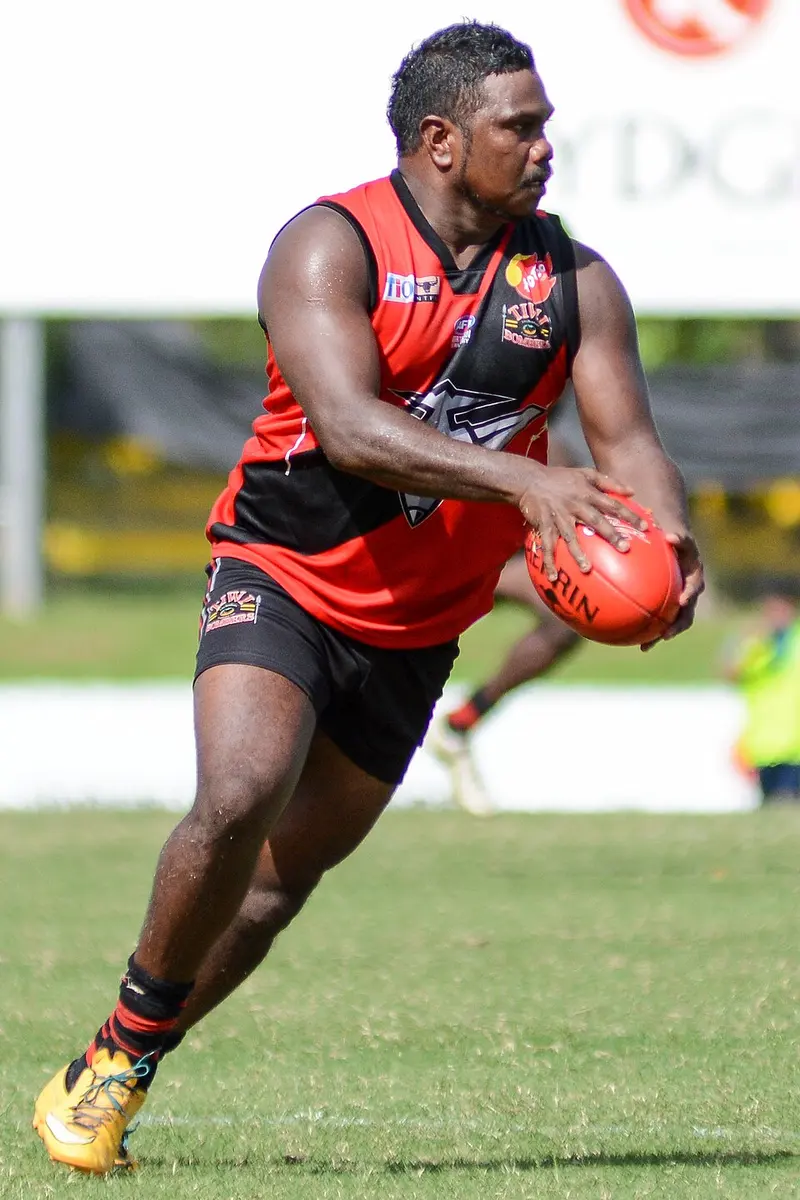 Austin Wonaeamirri, born at Milikapiti, playing for the Tiwi Bombers in the NTFL in 2016