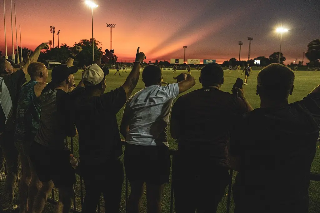 Dusk at TIO Stadium during the Anzac Shield match, 2023